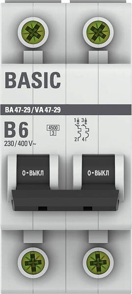 Автоматический выключатель ВА 47-29 2P 6А (B) 4,5кА BASIC