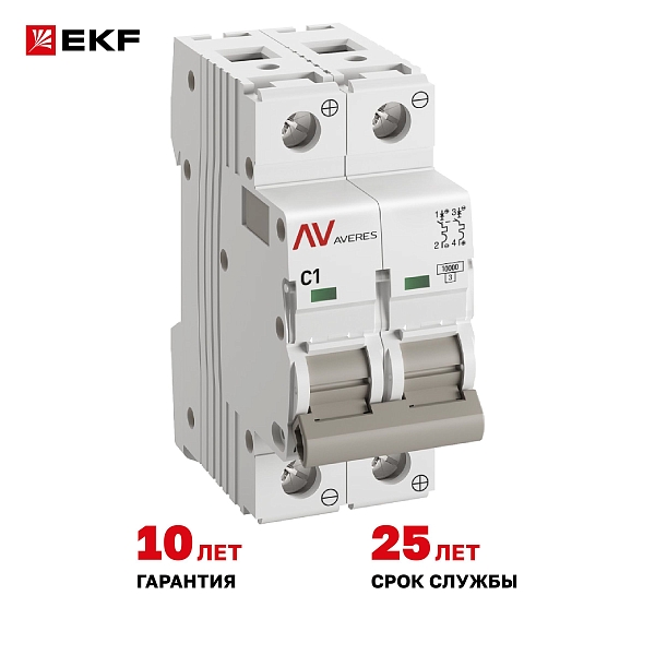Выключатель автоматический AV-10 DC 2P 1A (C) 10kA EKF AVERES
