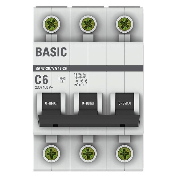 Автоматический выключатель ВА 47-29 3P 6А (C) 4,5кА BASIC