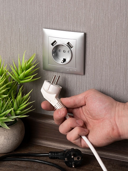 Валенсия лицевая панель розетки 1-местной с/з 16А сталь с защ. штор. с 2 USB 2,1А EKF