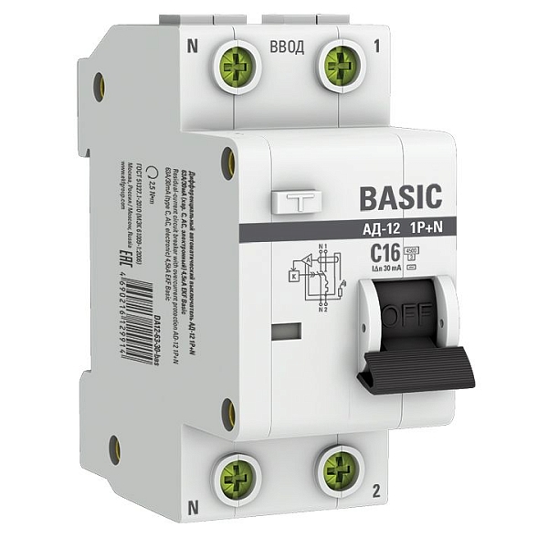 Автоматический выключатель дифференциального тока АД-12 1P+N 16А характеристика C 30мА тип АС электронный 4,5кА BASIC 