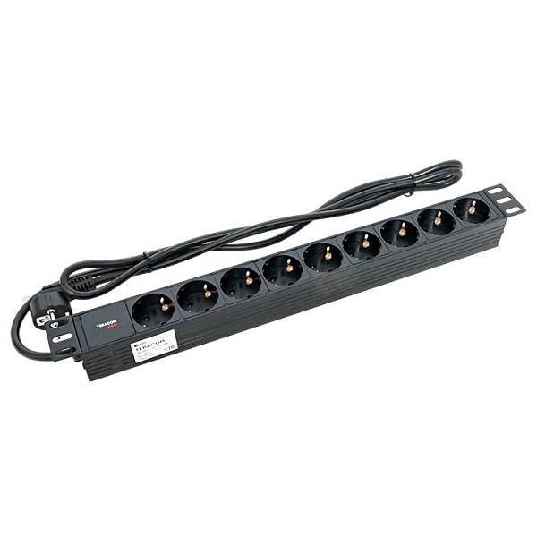 Блок розеток PDU TERACOM PRO 19" 1U 16А/250В 9 розеток Schuko шнур питания длиной 2 метра сечение 3x1,5 мм2 вилка Schuko корпус пластик черный