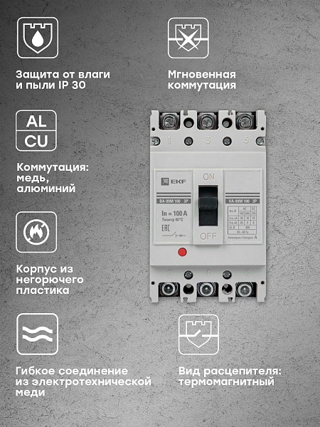 Выключатель автоматический в литом корпусе ВА-99М 100/100А 3P 10In 35кА с термомагнитным расцепителем EKF