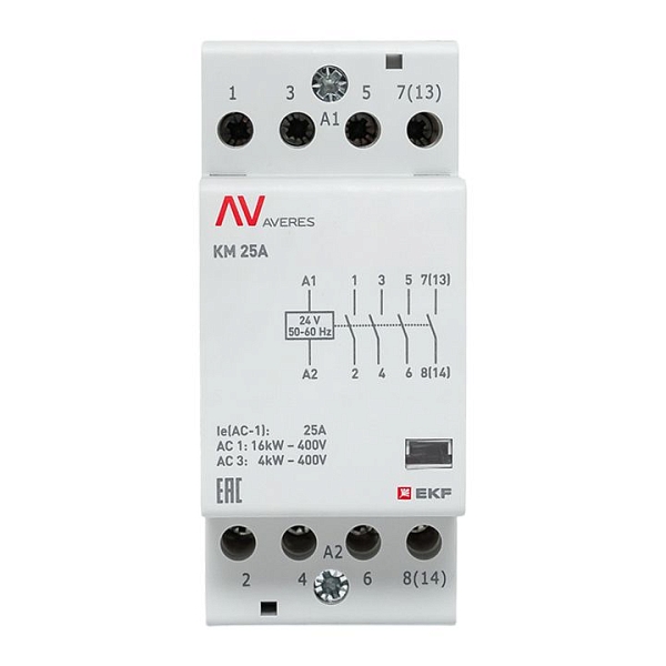 Контактор модульный КМ 25А 4NO 24В АС (2 мод.) AVERES EKF
