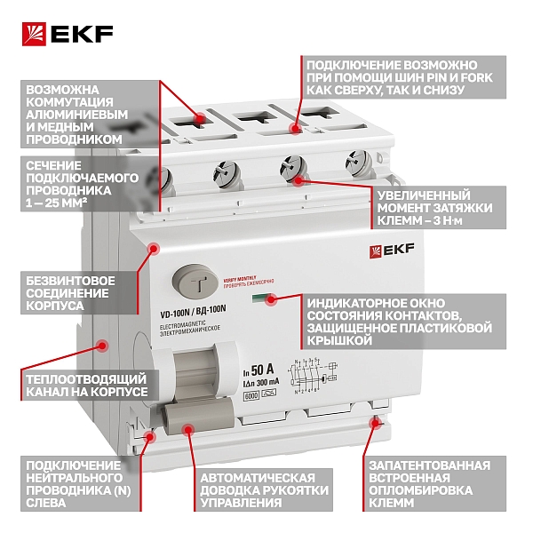Выключатель дифференциального тока ВД-100N 4P 50А 300мА A эл-мех 6кА PROXIMA EKF