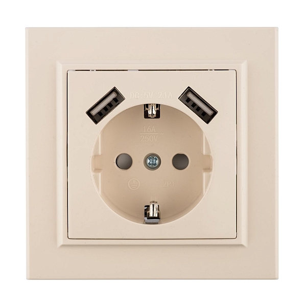 Минск Розетка 1-местная СП с/з 16А бежевая с защ. штор. с 2 USB 2,1А EKF