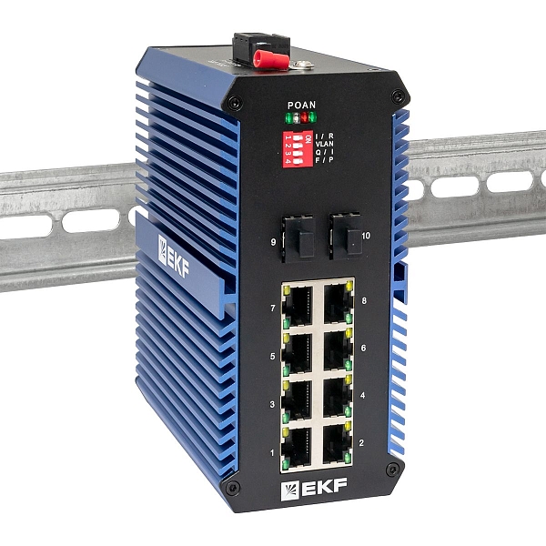 Промышленный неуправляемый коммутатор U-2GX/SFP-8GTP, 2 порта 1000Base-X SFP, 8 портов 10/100/1000Base-T(X) RJ45 c PoE, монтаж на динрейку TSX EKF