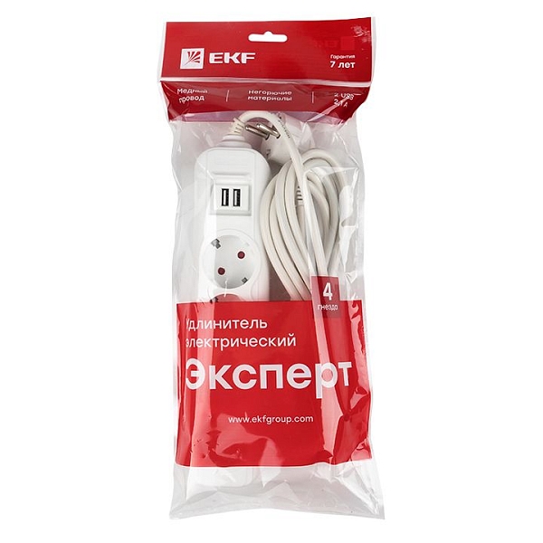 Удлинитель "Эксперт" 4 гнезда 5 метров 16А/3,5кВт с 2 USB 2,1А ПВС 3x1 EKF PROxima