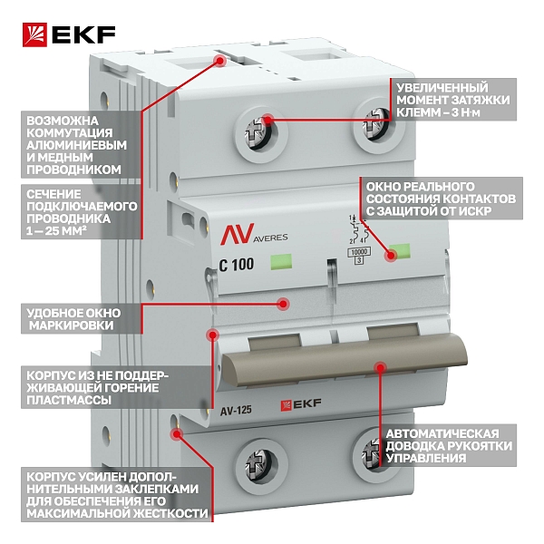 Выключатель автоматический AV-125 2P 100A (C) 10kA EKF AVERES
