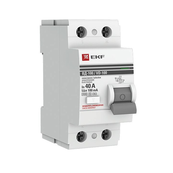 Выключатель дифференциального тока ВД-100 2P (S) 40А 100мА тип АС электромеханический 4,5кА селективный PROXIMA EKF