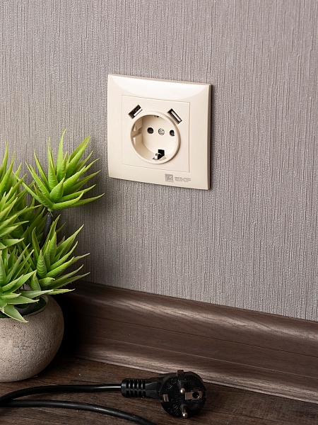 Валенсия розетка 1-местная с/з 16А кремовая с защ. штор. с 2 USB 2,1А EKF