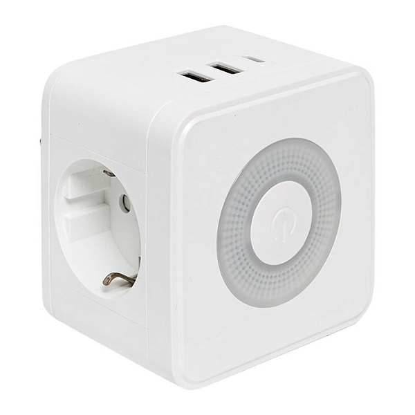 Тройник "Куб" 2 гнезда 2USB 2,4А+Type C + Ночник