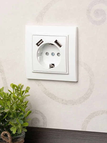 Минск Розетка 1-местная СП с/з 16А белая с защ. штор. с 2 USB 2,1А EKF
