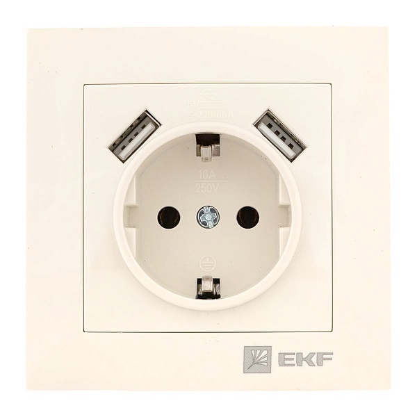 Валенсия розетка 1-местная с/з 16А кремовая с защ. штор. с 2 USB 2,1А EKF