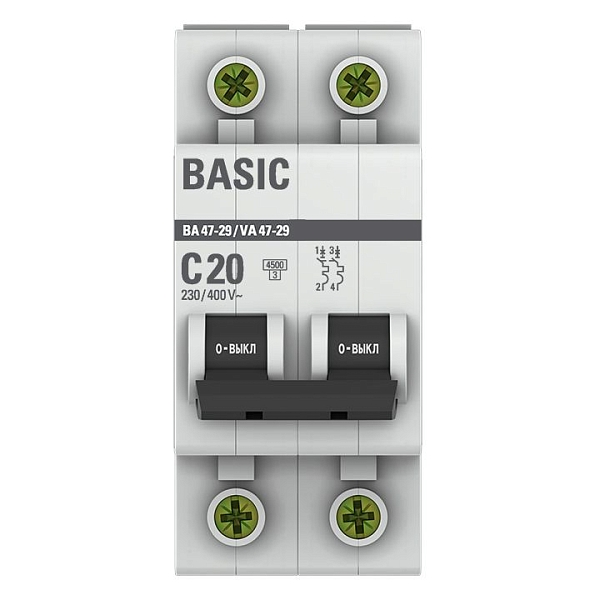 Автоматический выключатель ВА 47-29 2P 20А (C) 4,5кА BASIC