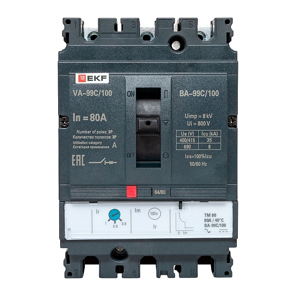 Выключатель автоматический в литом корпусе ВА-99C 100/80А 3P 35кА с термомагнитным расцепителем EKF