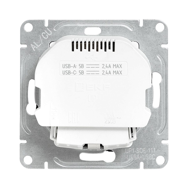 Механизм розетки с USB-A+С - 2шт, 16А, с заземлением, со шторками, чёрный Эпика EKF