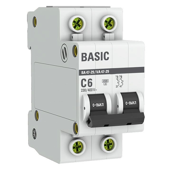 Автоматический выключатель ВА 47-29 2P 6А (C) 4,5кА BASIC