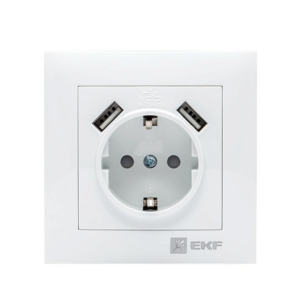 Валенсия розетка 1-местная с/з 16А белая с защ. штор. с 2 USB 2,1А EKF