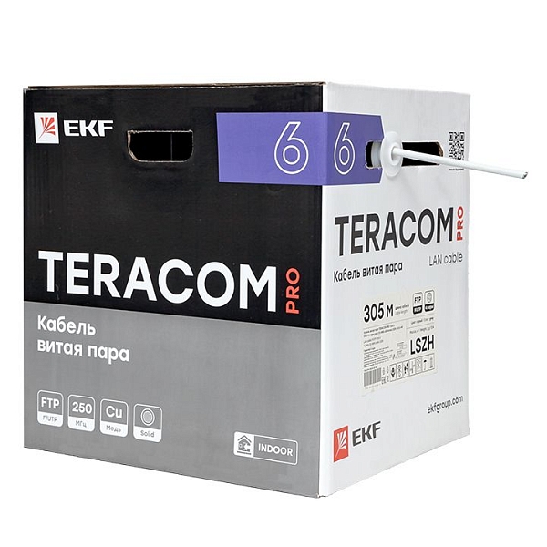 Кабель витая пара TERACOM PRO Cat.6 F/UTP 4 пары solid 23AWG оболочка LSZH нг(А)-HF цвет серый (упак. 305м)