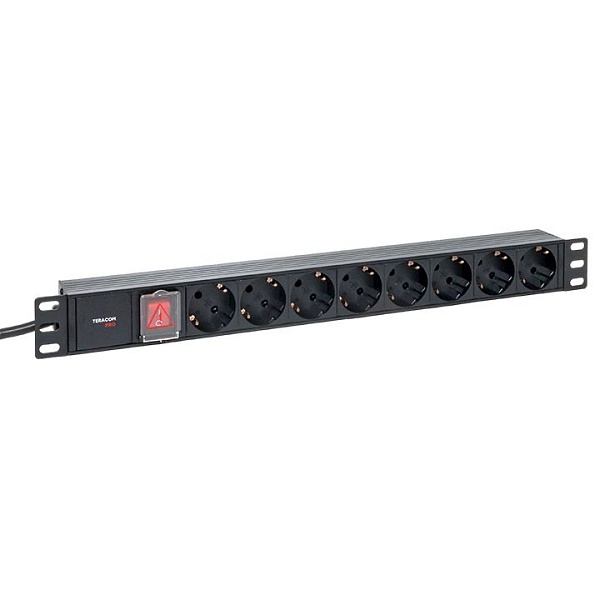 Блок розеток PDU TERACOM PRO 19" 1U 16А/250В 8 розеток Schuko с выключателем шнур питания длиной 2 метра сечение 3x1,5 мм2 вилка Schuko корпус пластик черный