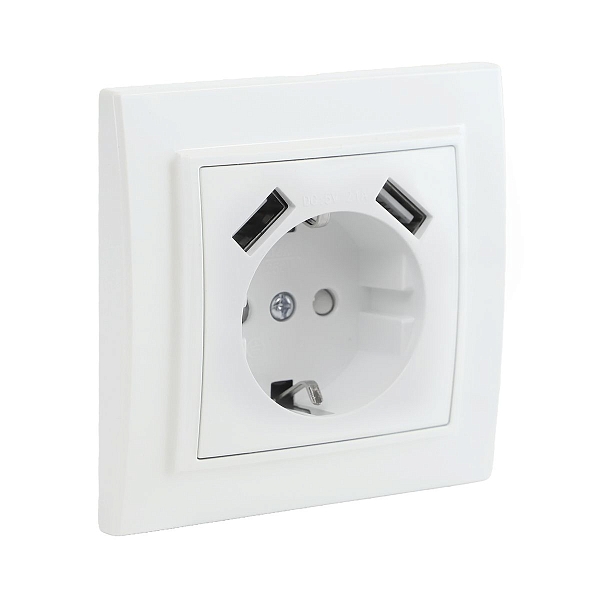 Минск Розетка 1-местная СП с/з 16А белая с защ. штор. с 2 USB 2,1А EKF