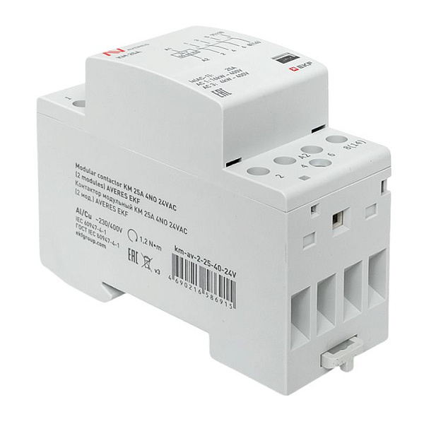 Контактор модульный КМ 25А 4NO 24В АС (2 мод.) AVERES EKF
