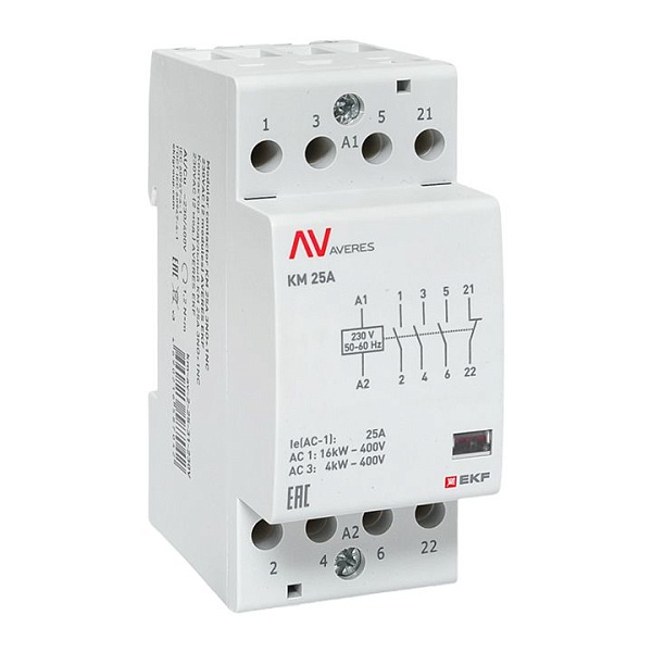 Контактор модульный КМ 25А 3NO+1NC 230В АС (2 мод.) AVERES EKF