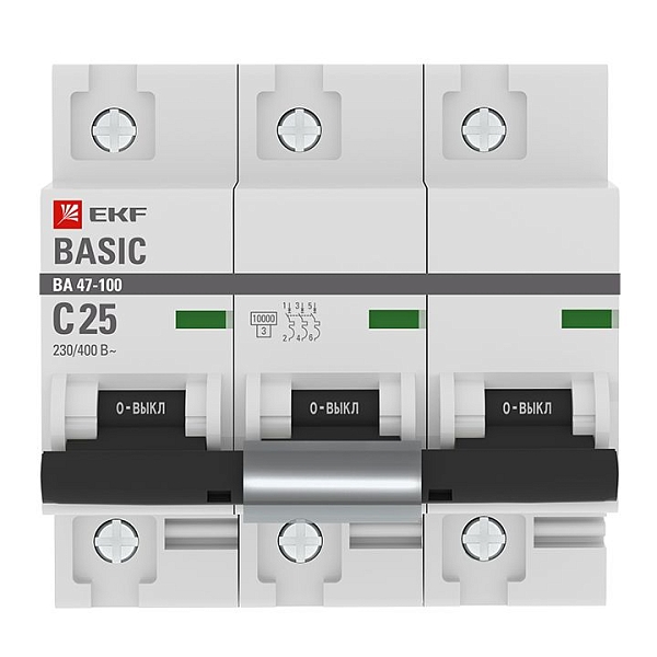 Автоматический выключатель 3P 25А (C) 10kA ВА 47-100 EKF Basic