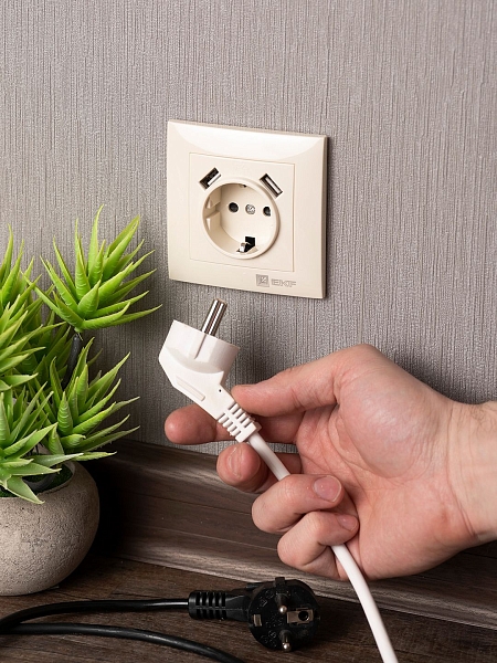 Валенсия розетка 1-местная с/з 16А кремовая с защ. штор. с 2 USB 2,1А EKF
