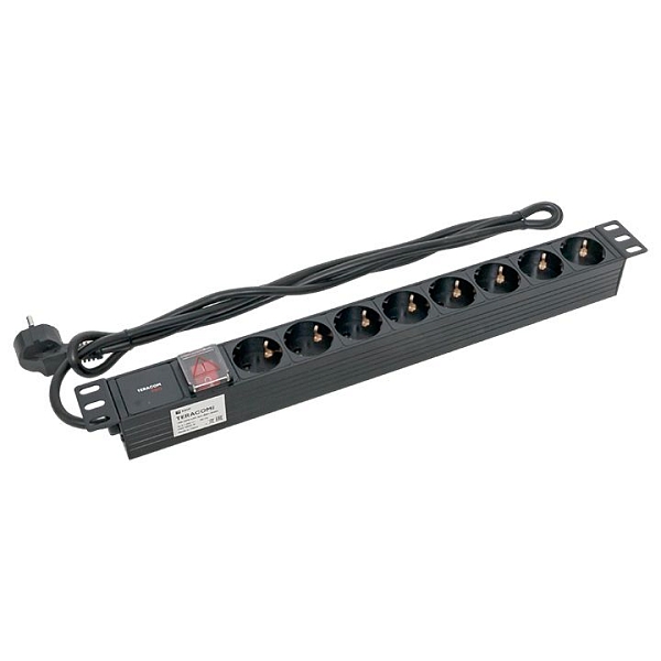 Блок розеток PDU TERACOM PRO 19" 1U 16А/250В 8 розеток Schuko с выключателем шнур питания длиной 2 метра сечение 3x1,5 мм2 вилка Schuko корпус пластик черный