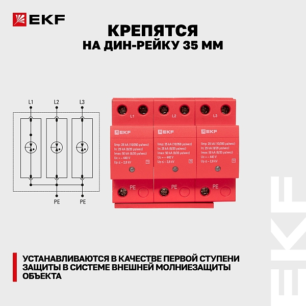 Устройство защиты от импульсных перенапряжений Класс 1 Iimp 25kA (10/350μs) 3P EKF
