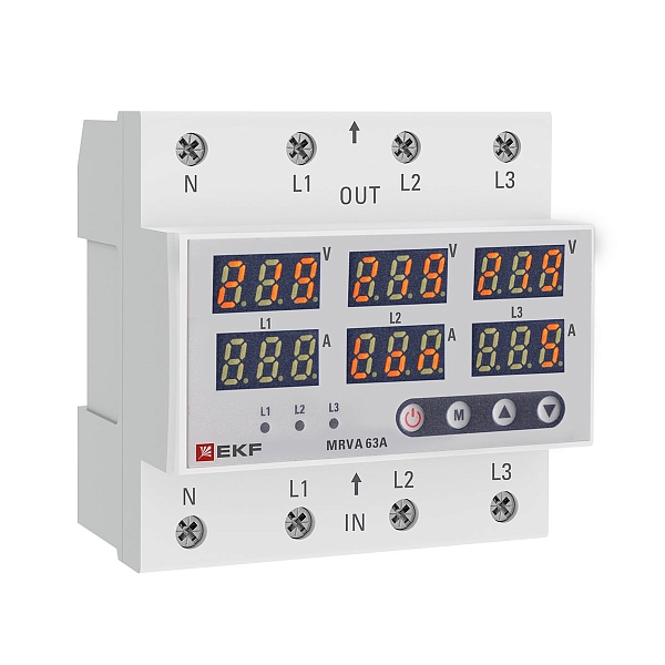 Трехфазное реле напряжения и тока с дисп. MRVA-3 63A EKF 