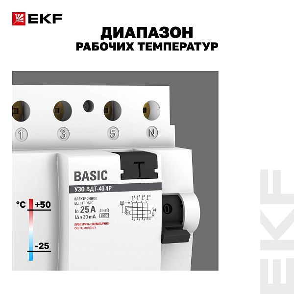 Выключатель дифференциального тока ВДТ-40 4P 25А 30мА тип АС электронный 4,5кА BASIC