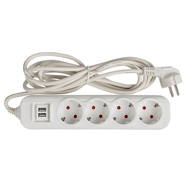 Удлинитель "Эксперт" 4 гнезда 5 метров 16А/3,5кВт с 2 USB 2,1А ПВС 3x1 EKF PROxima