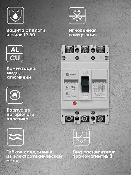 Выключатель автоматический в литом корпусе ВА-99М 100/50А 3P 10In 35кА с термомагнитным расцепителем EKF