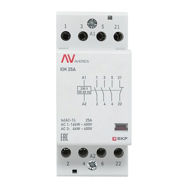 Контактор модульный КМ 25А 3NO+1NC 230В АС (2 мод.) AVERES EKF